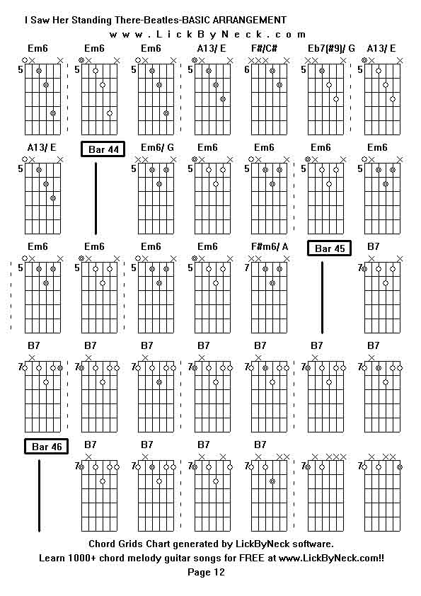 Chord Grids Chart of chord melody fingerstyle guitar song-I Saw Her Standing There-Beatles-BASIC ARRANGEMENT,generated by LickByNeck software.